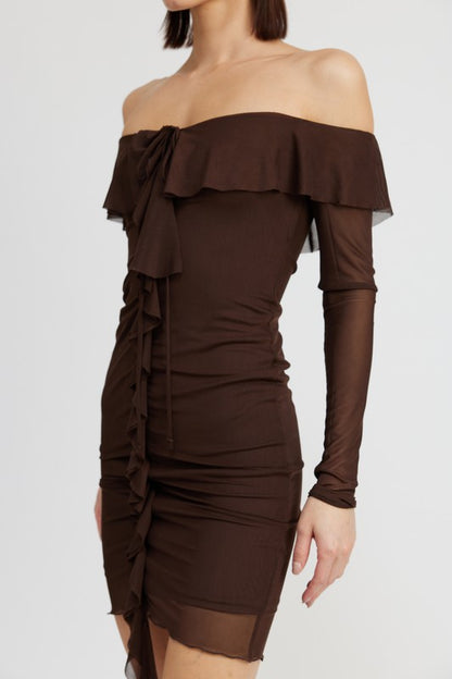 Espresso Off-Shoulder Ruffle Mini Dress