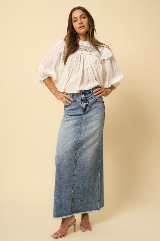 Mica High Rise Denim Maxi Skirt