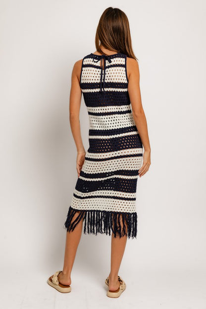 Kora Striped Sleeveless Crochet Sweater Midi Dress