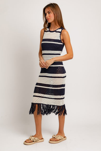 Kora Striped Sleeveless Crochet Sweater Midi Dress