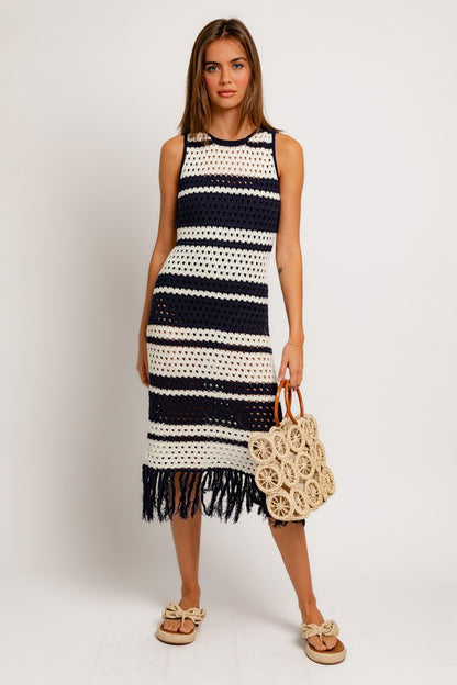 Kora Striped Sleeveless Crochet Sweater Midi Dress