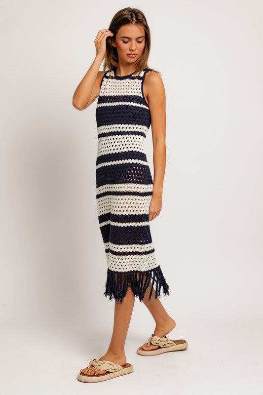 Kora Striped Sleeveless Crochet Sweater Midi Dress