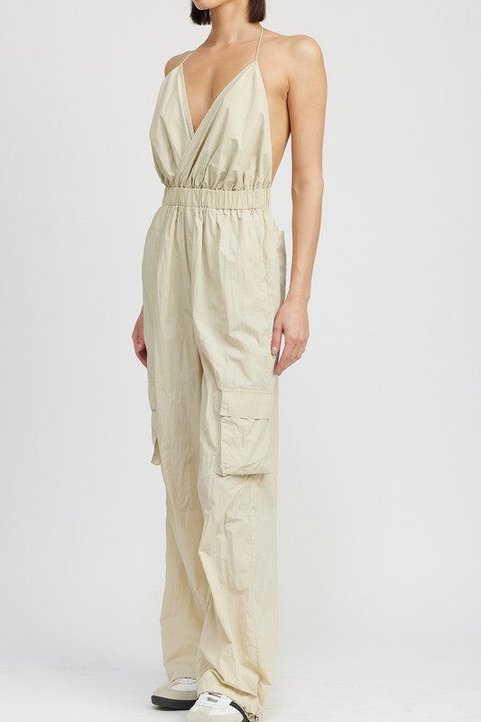 Mae Open Back Spaghetti Strap Cargo Jumpsuit