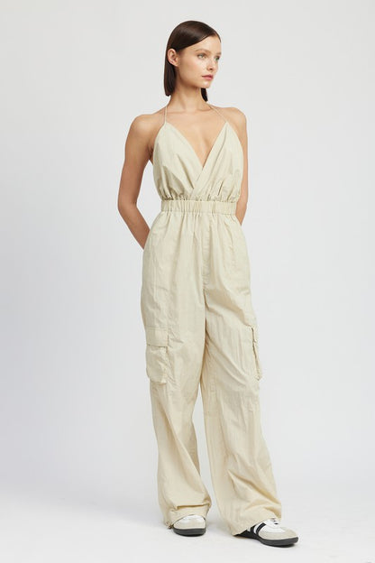 Mae Open Back Spaghetti Strap Cargo Jumpsuit