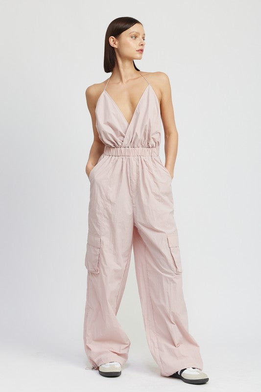 Mae Open Back Spaghetti Strap Cargo Jumpsuit