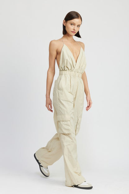 Mae Open Back Spaghetti Strap Cargo Jumpsuit