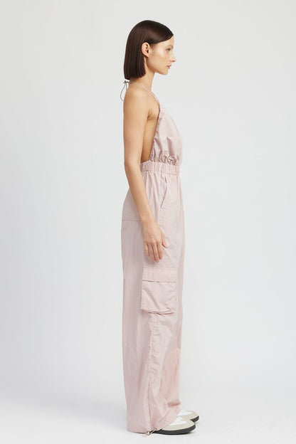 Mae Open Back Spaghetti Strap Cargo Jumpsuit