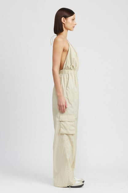 Mae Open Back Spaghetti Strap Cargo Jumpsuit