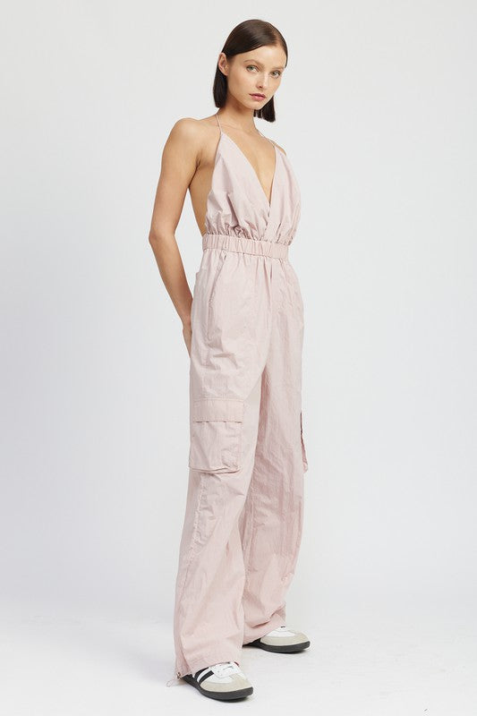 Mae Open Back Spaghetti Strap Cargo Jumpsuit