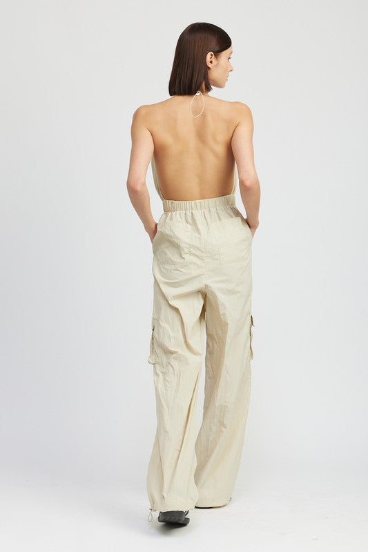 Mae Open Back Spaghetti Strap Cargo Jumpsuit