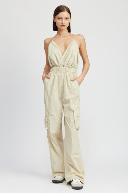 Mae Open Back Spaghetti Strap Cargo Jumpsuit