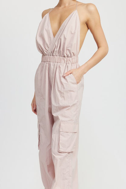 Mae Open Back Spaghetti Strap Cargo Jumpsuit