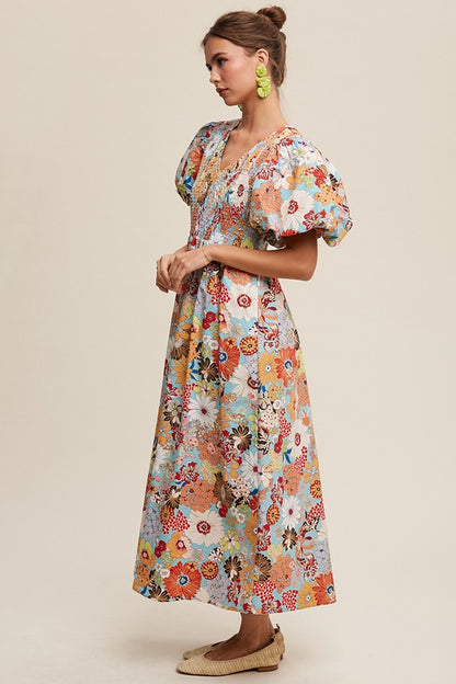 Tatiana Floral Poplin Smocked Puff Sleeve Maxi Dress