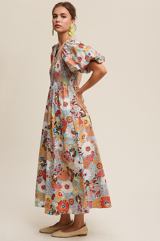 Tatiana Floral Poplin Smocked Puff Sleeve Maxi Dress