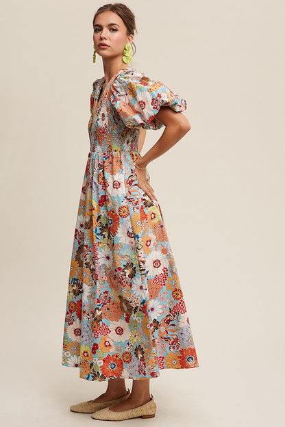 Tatiana Floral Poplin Smocked Puff Sleeve Maxi Dress