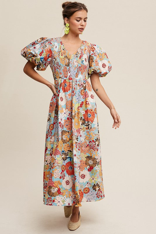 Tatiana Floral Poplin Smocked Puff Sleeve Maxi Dress