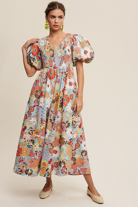 Tatiana Floral Poplin Smocked Puff Sleeve Maxi Dress