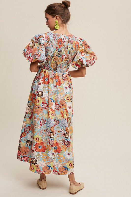 Tatiana Floral Poplin Smocked Puff Sleeve Maxi Dress