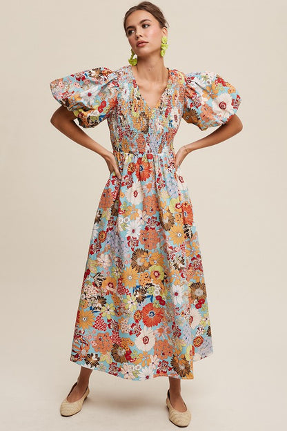 Tatiana Floral Poplin Smocked Puff Sleeve Maxi Dress