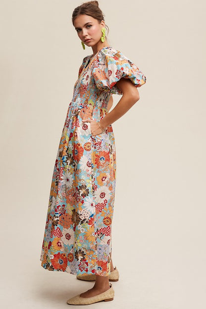 Tatiana Floral Poplin Smocked Puff Sleeve Maxi Dress