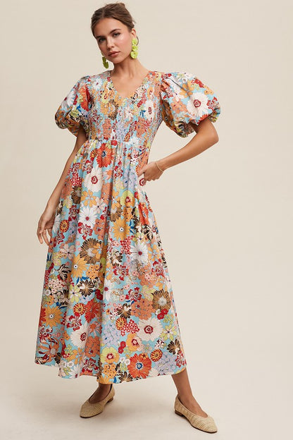 Tatiana Floral Poplin Smocked Puff Sleeve Maxi Dress