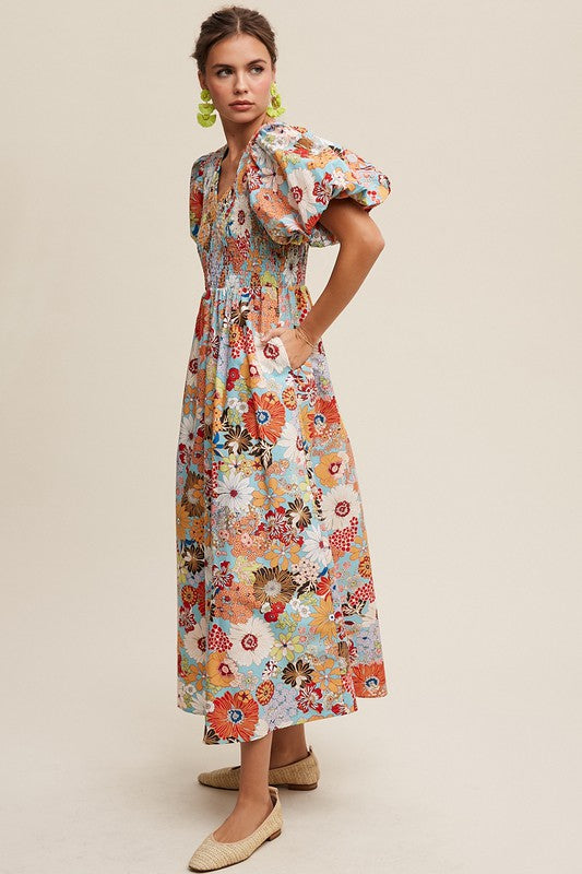 Tatiana Floral Poplin Smocked Puff Sleeve Maxi Dress