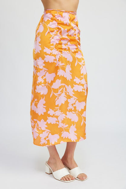 Adella Floral Ruched Drawstring Waist Maxi Skirt