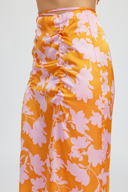 Adella Floral Ruched Drawstring Waist Maxi Skirt