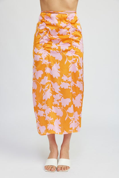 Adella Floral Ruched Drawstring Waist Maxi Skirt