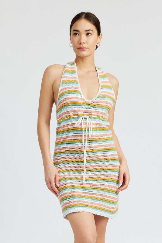 Athens Striped Halter Neck Crochet Mini Dress