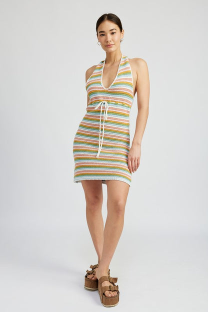 Athens Striped Halter Neck Crochet Mini Dress