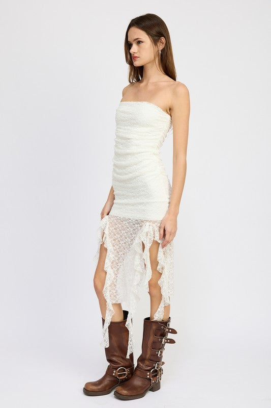 Carson Lace Tube Ruffle Mini Dress