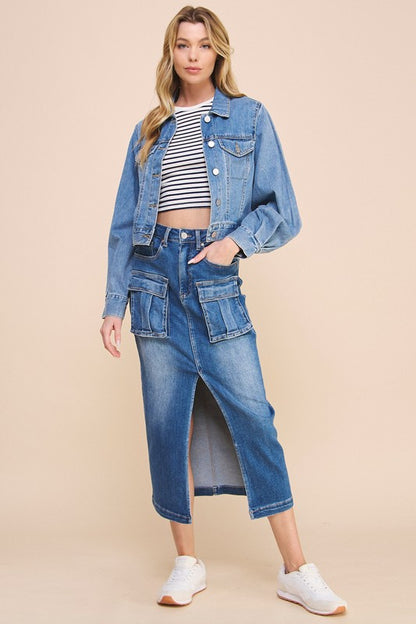 Front Slit Denim Cargo Skirt