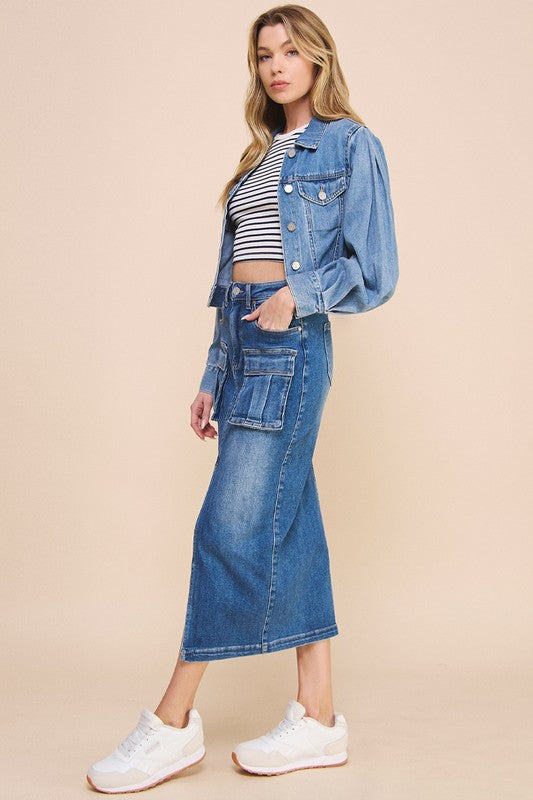 Front Slit Denim Cargo Skirt