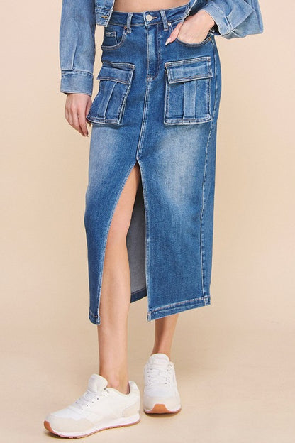 Front Slit Denim Cargo Skirt