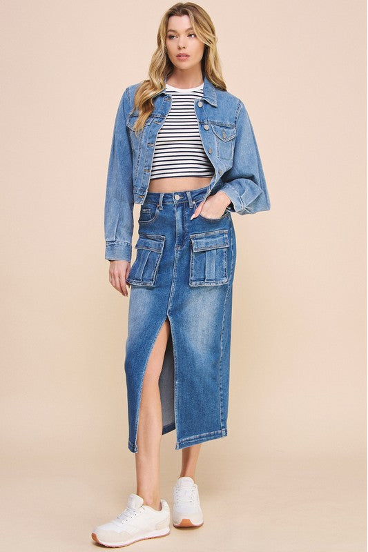 Front Slit Denim Cargo Skirt