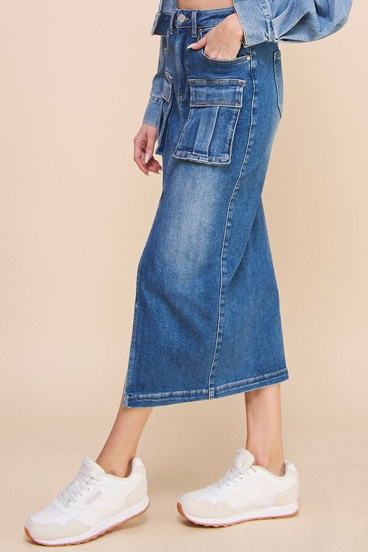 Front Slit Denim Cargo Skirt