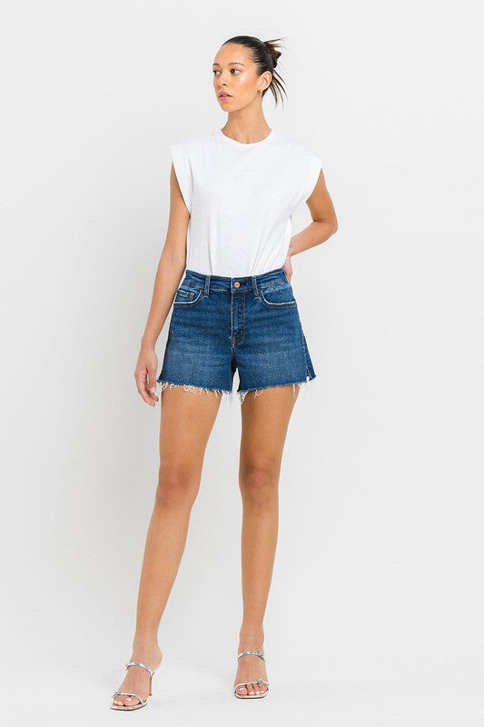 VERVET High Rise Slit Raw Hem A-Line Denim Shorts