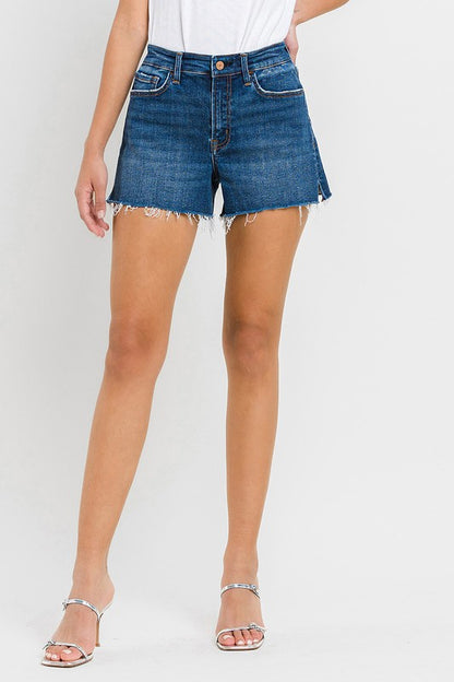 VERVET High Rise Slit Raw Hem A-Line Denim Shorts