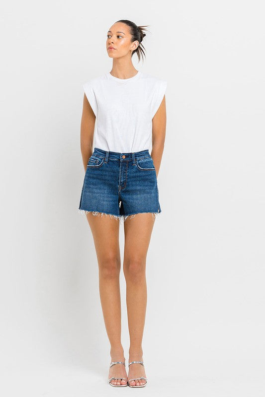 VERVET High Rise Slit Raw Hem A-Line Denim Shorts