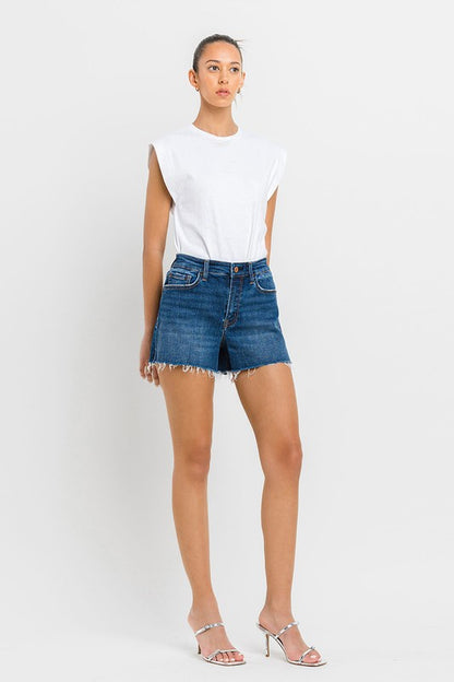 VERVET High Rise Slit Raw Hem A-Line Denim Shorts