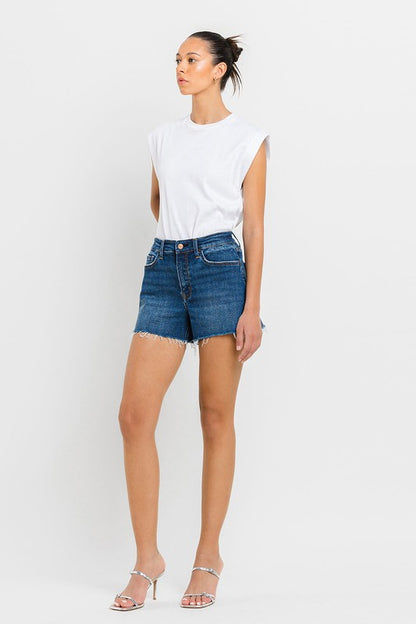 VERVET High Rise Slit Raw Hem A-Line Denim Shorts