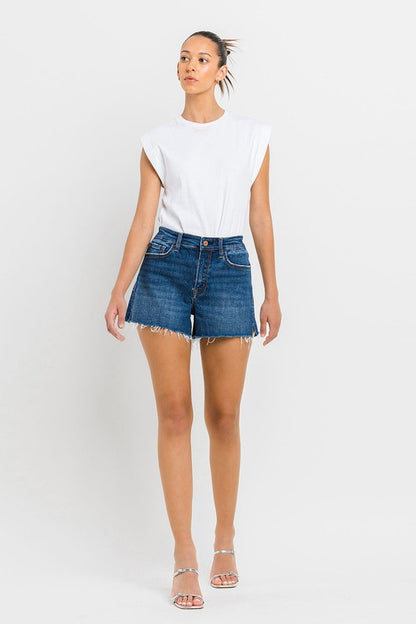 VERVET High Rise Slit Raw Hem A-Line Denim Shorts