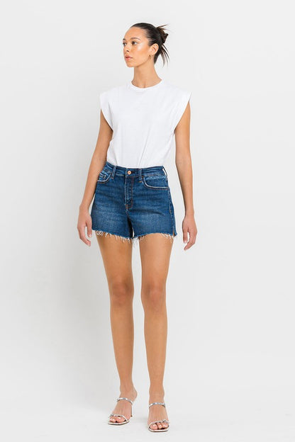 VERVET High Rise Slit Raw Hem A-Line Denim Shorts