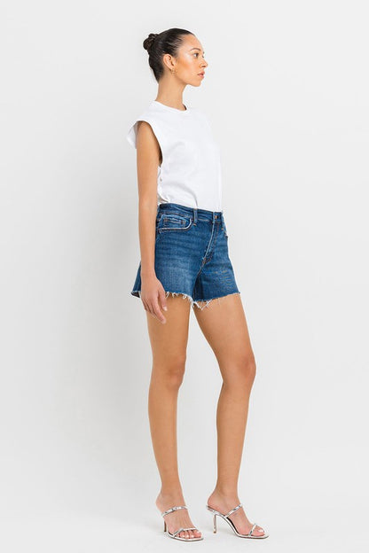 VERVET High Rise Slit Raw Hem A-Line Denim Shorts