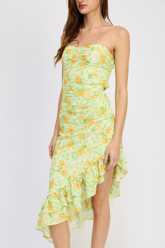 Kalina Asymmetric Floral Ruffle Midi Dress