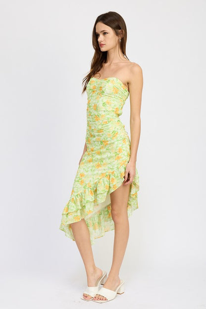 Kalina Asymmetric Floral Ruffle Midi Dress