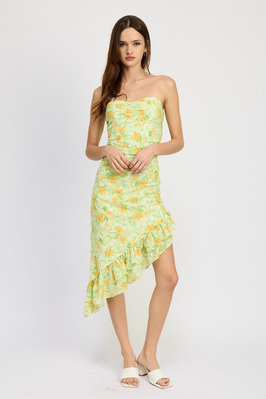 Kalina Asymmetric Floral Ruffle Midi Dress