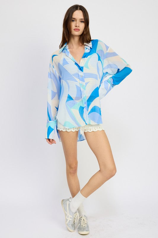 Harper Oversized Geometric Button-Up Long Sleeve Top