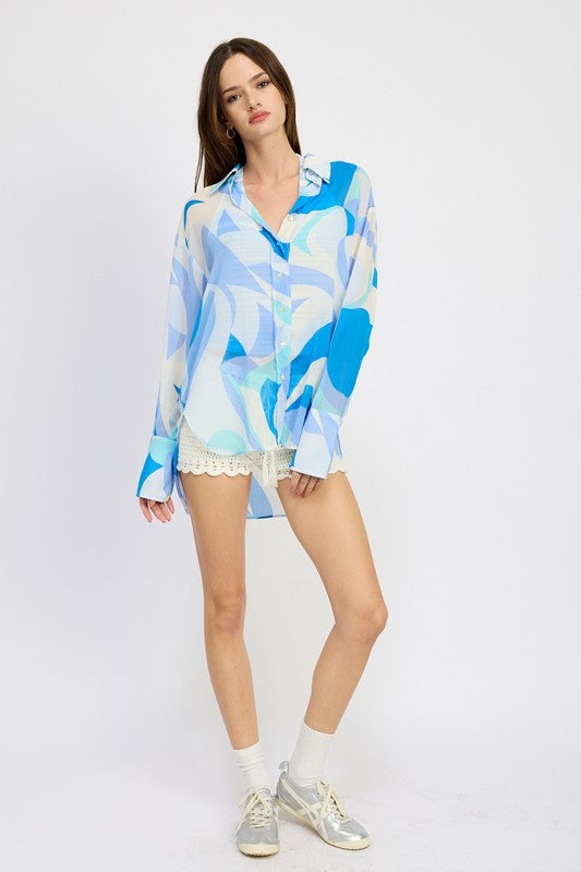 Harper Oversized Geometric Button-Up Long Sleeve Top